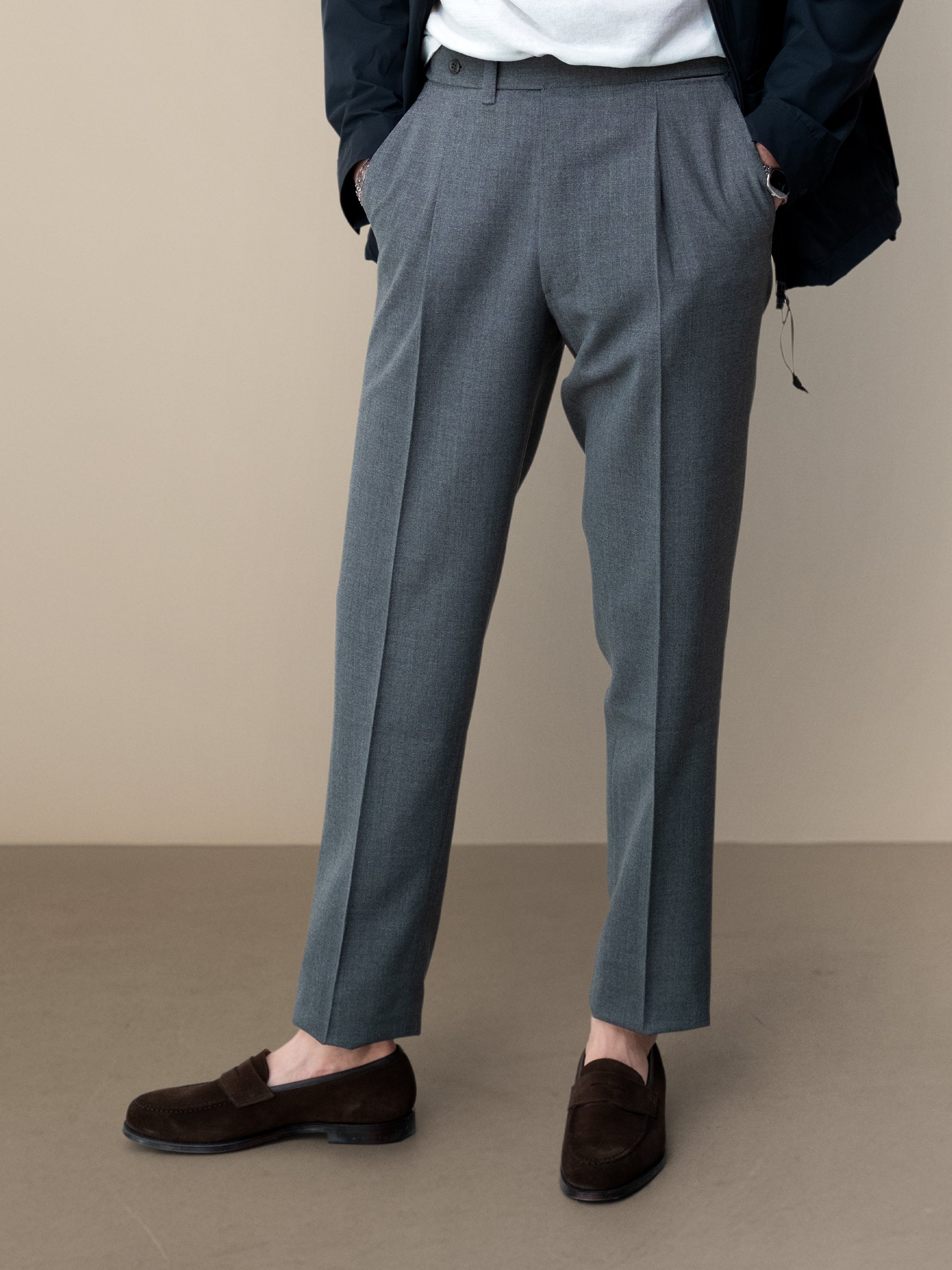 Mid Grey High Twist 1 Pleat Trousers